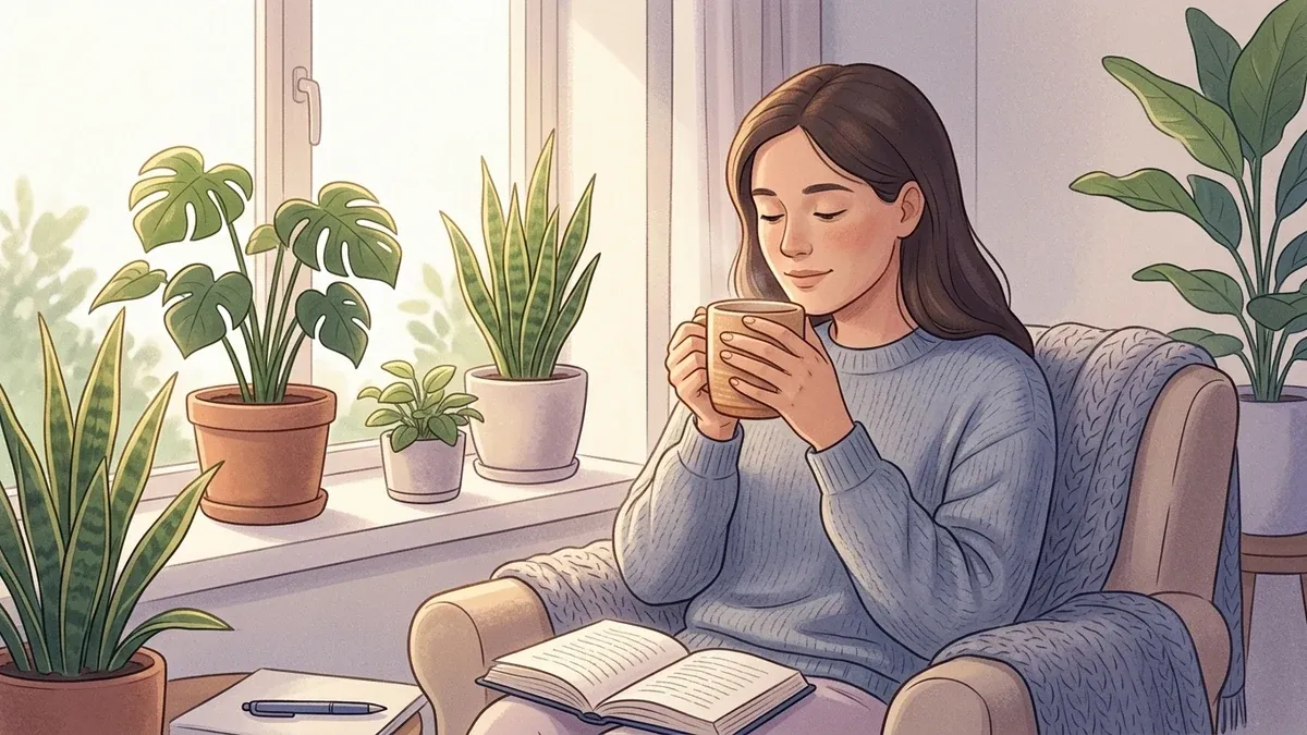 A woman sits by a soft-lit window holding a warm mug in both hands, eyes lowered and calm, with plants on the sill and an open journal beside her, pausing for a small, quiet daily check-in with herself.