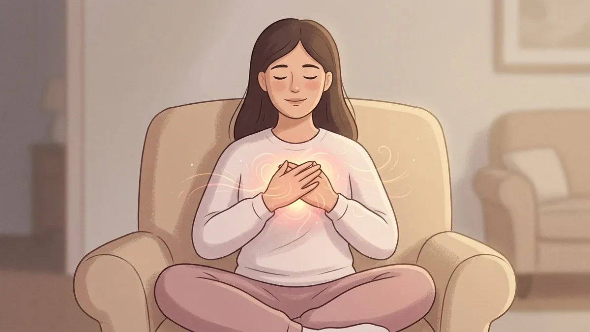 A woman sits in a cozy armchair with both hands resting on her chest and her eyes softly closed, a faint warm glow kindling at her heart beneath her hands, illustrating sensation returning through the body before the mind.