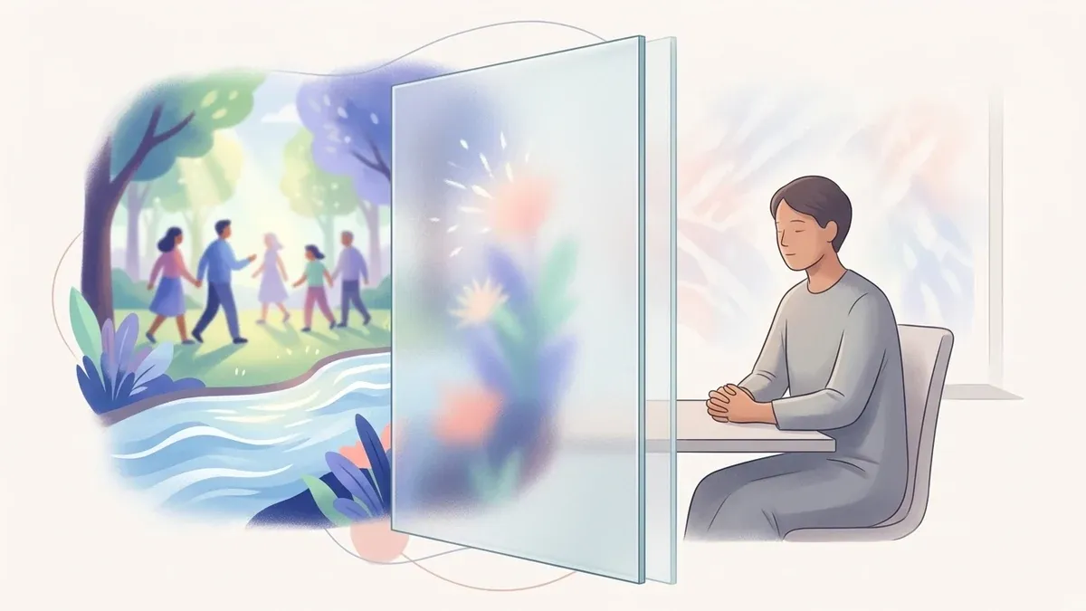 A person sits calmly in muted grey behind a pane of frosted glass while a warm, colourful world of people and nature glows on the other side, illustrating the present-but-behind-glass feeling of emotional numbness.