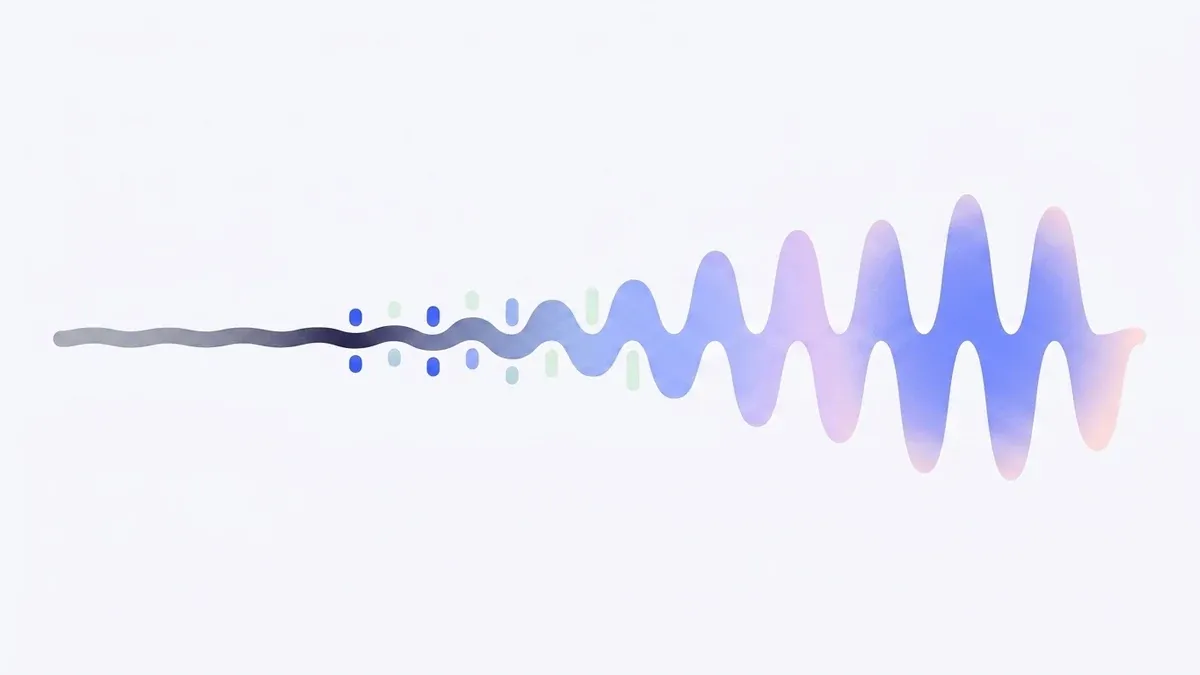An educational diagram of a flat, muted grey waveform on the left that is nudged by small evenly spaced marks and gradually rises into a fuller, warmer waveform on the right, showing how small repeated signals turn feeling back up over time.