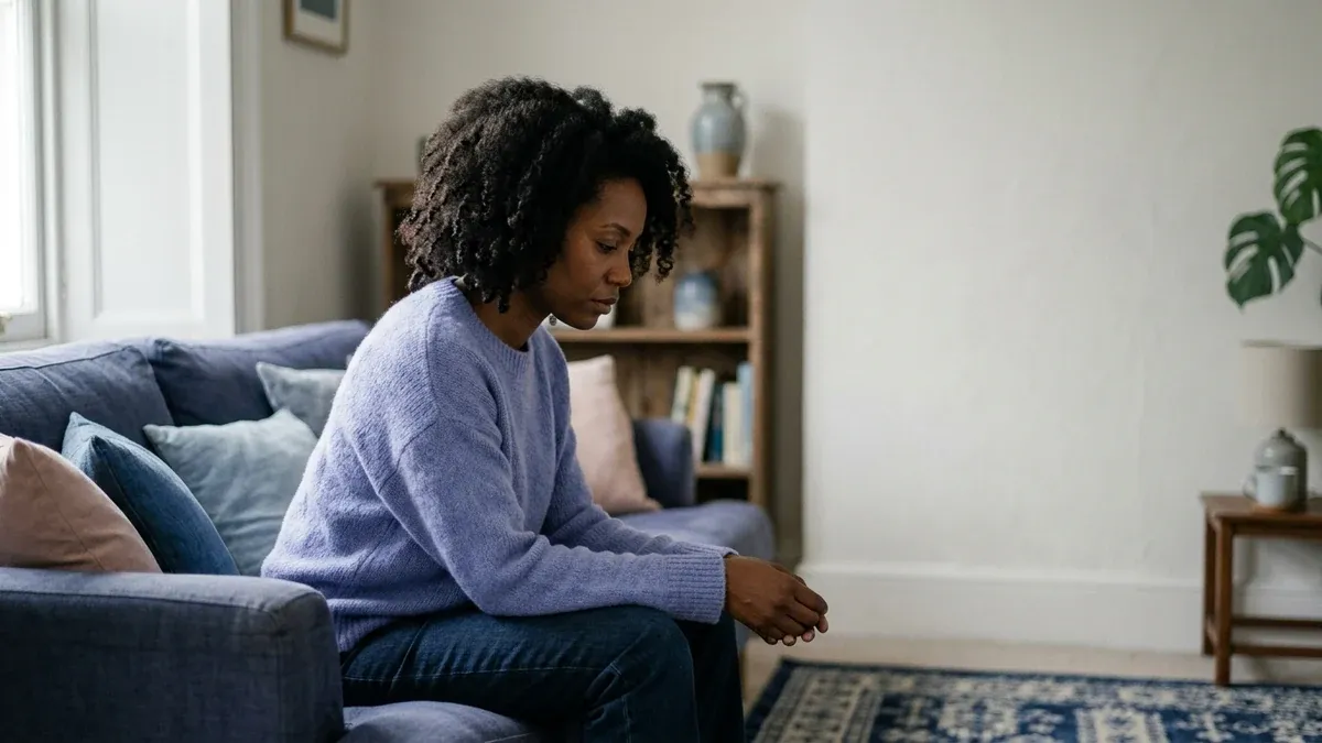A Black woman with dark natural curls sits on the edge of a sofa in a quiet living room, looking down with her hands loosely in her lap and a still, switched-off expression, evoking the flat, going-through-the-motions feeling of emotional numbness.