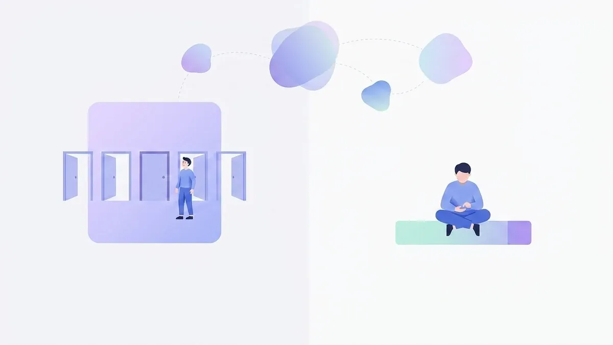 A two-panel diagram. On the left, a figure stands among a set of open doorways with one door closed, representing ADHD paralysis stalling at one specific task while you move freely elsewhere. On the right, a single dimmed figure sits low, representing functional freeze as a constant whole-body low-power state.
