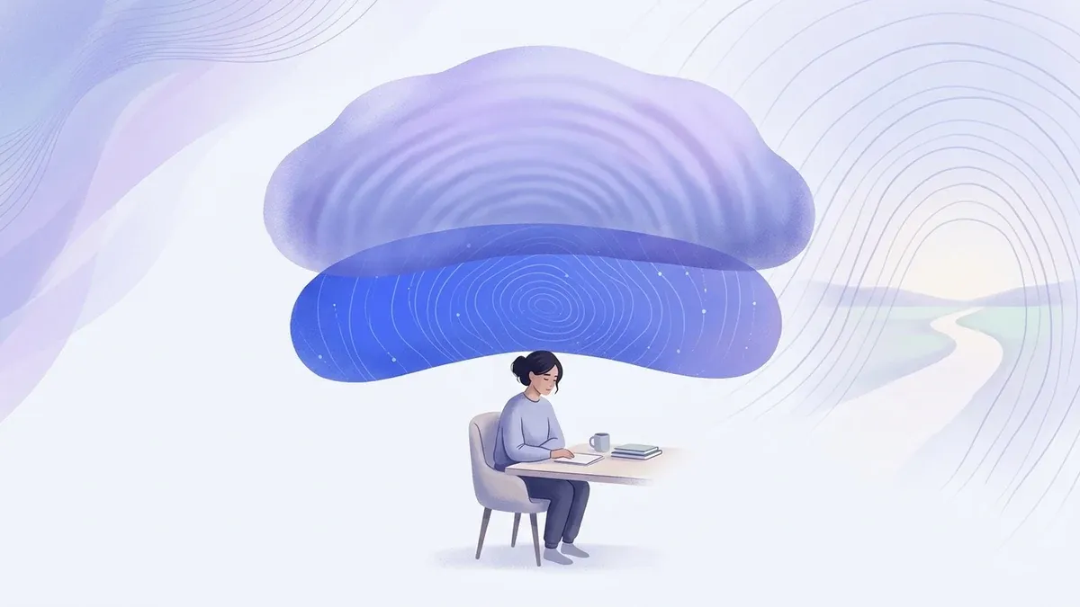 A small figure sits beneath two soft translucent layers stacked one on top of the other, representing how ADHD strain and a nervous-system freeze stack into a double load carried by one person.