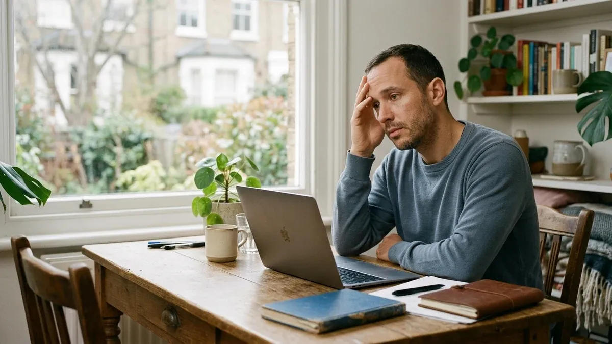 A man in his late 30s sits at a wooden desk by a sunlit window, an open laptop and notebooks in front of him, forehead resting against one hand as he stares past the screen, caught in a stalled can't-begin moment that captures functional freeze and ADHD task paralysis.