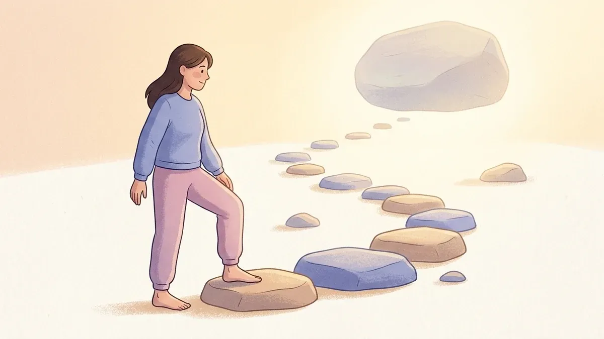 A woman placing one foot onto the first of a path of low stepping stones that winds gently upward toward warm light, while a single oversized stepping stone floats faded and far out of reach ahead, illustrating that a tiny daily step is reachable when one big leap is not.