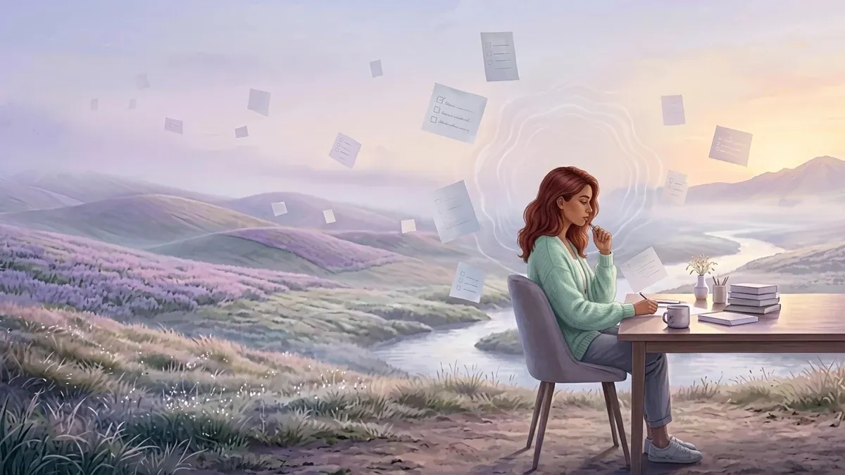A woman sits paused at her desk amid softly floating to-do cards, a calm path opening toward warm light beside her.