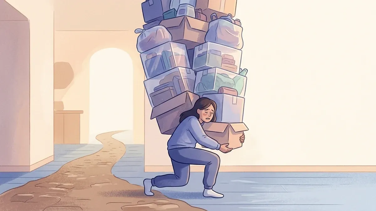A woman walking slowly while carrying an enormous, teetering stack of boxes and bags piled far above her head, her knees buckling and body sinking into a low crouch under the weight, showing a nervous-system load that has stayed higher than capacity for too long until the body downshifts into a protective low-power mode.