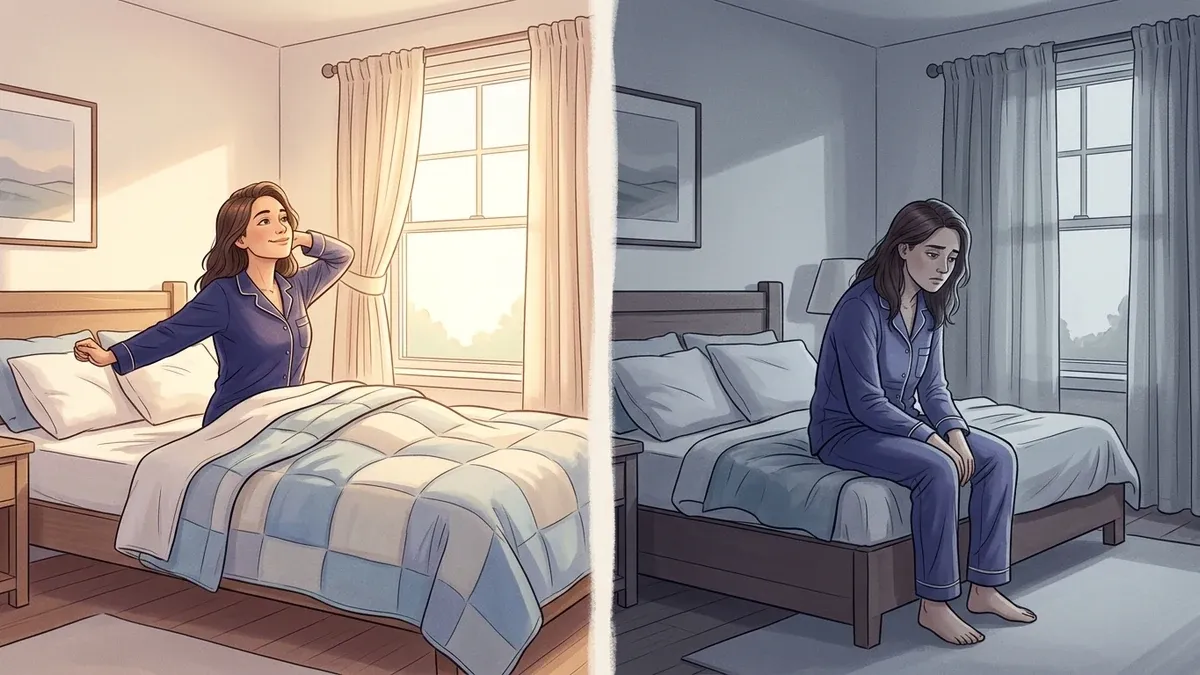 A two-panel illustration of the same woman in the same bedroom. On the left, bright morning light pours in as she sits up and stretches, rested after a normal off day. On the right, the room is dim and grey and she sits slumped on the edge of the bed, flat and unable to get going even after a full night's sleep, showing functional freeze that doesn't lift.