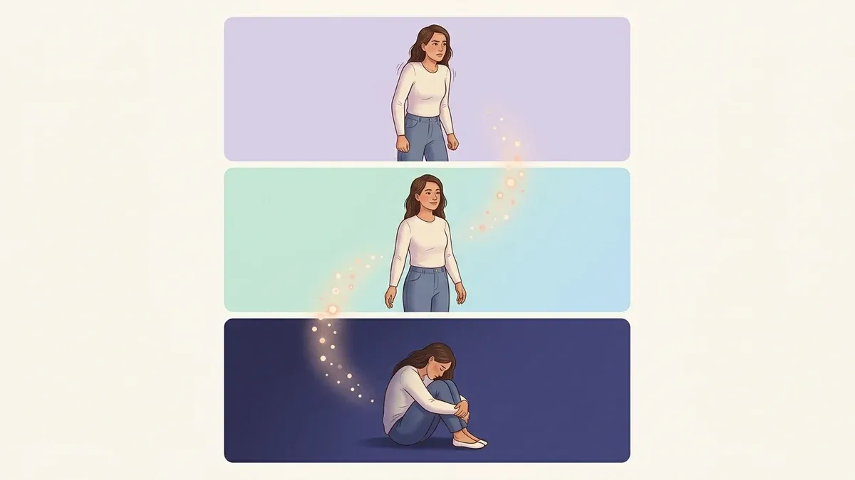 Three stacked bands showing the same woman in three nervous-system states: a pale alert band at the top where she stands tense, a calm mint-and-blue band in the middle where she stands settled, and a deep indigo band at the bottom where she sits curled and frozen, with a glowing trail of light rising from the frozen band up into the calm middle to show nervous system regulation moving the body out of freeze.