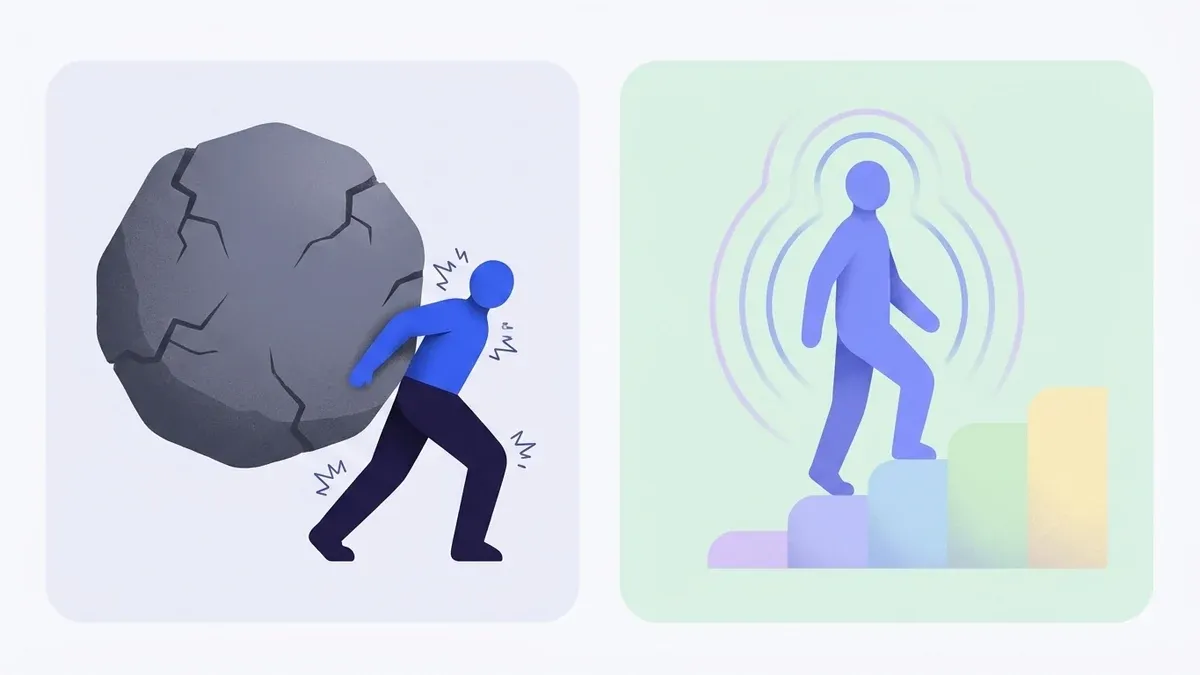 A two-panel diagram. On the left, a figure strains against a huge cracked boulder, bracing tensely. On the right, the same figure calmly climbs a short set of soft rounded steps, representing going down and small.