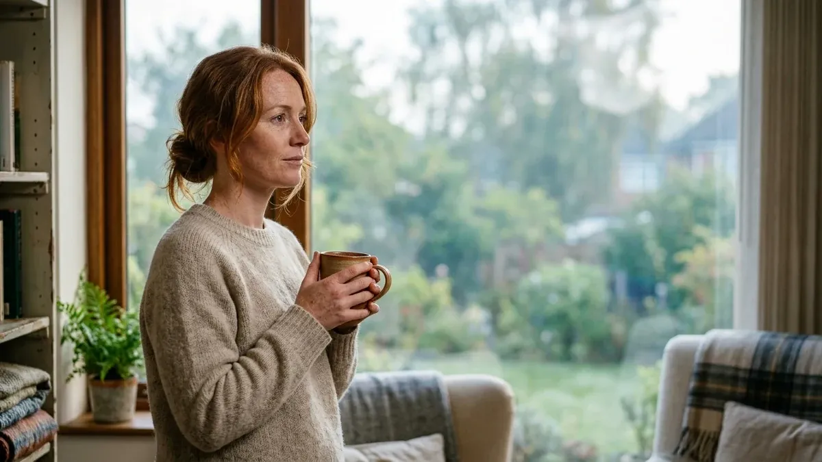 A woman with copper-auburn hair tied back stands by a large bright window with greenery outside, holding a warm mug in both hands and gazing out at the soft natural light with a quiet, easing expression, evoking a body slowly coming back online after a long stretch in survival mode.
