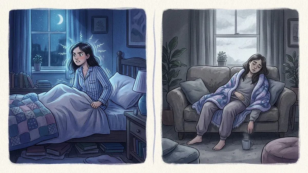 A two-panel illustration of the same woman at the two ends of dysregulation. On the left, she sits up in bed late at night, wired and on edge with an anxious electric buzz around her, unable to switch off. On the right, she sits slumped and flat on a couch in dim grey light, shut down and unable to start anything.
