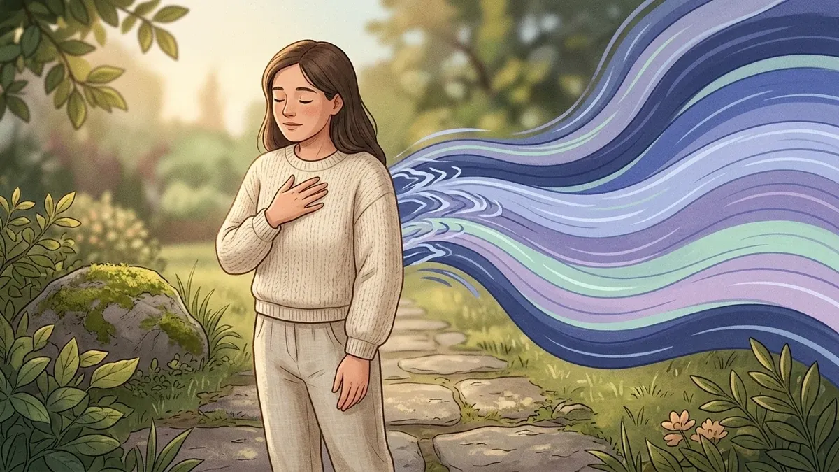 A woman standing outdoors on a garden path with one hand on her chest and her eyes softly closed, shoulders dropping on a slow exhale as she settles after a jolt of stress, while a flowing motion beside her eases from a few choppy ripples into smooth, calm water, illustrating a nervous system that reacts and then recovers to a settled state.
