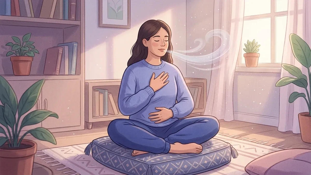 A woman sits comfortably cross-legged on a floor cushion at home, one hand on her belly and one on her chest, eyes gently closed mid slow exhale, with a soft breath ribbon drifting from her, illustrating slow long-exhale breathing.