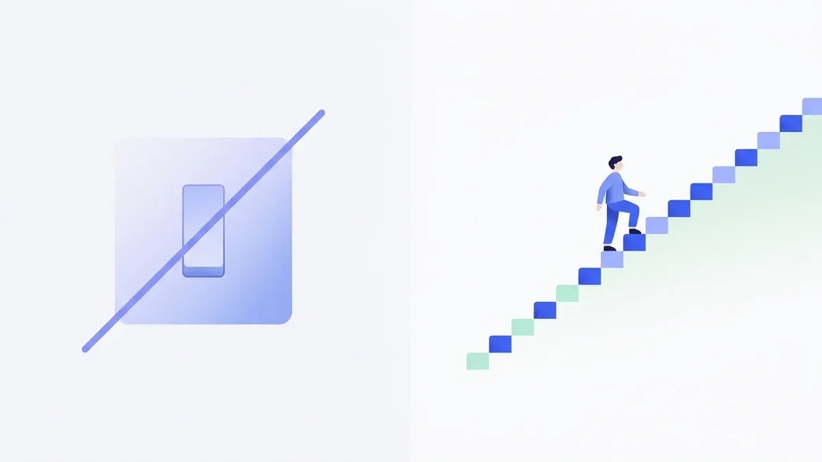 On the left, a light switch crossed out, representing the myth of an instant on-off fix; on the right, a small figure climbing a gradual staircase built from many small steps, representing a reset as a repeated daily practice.