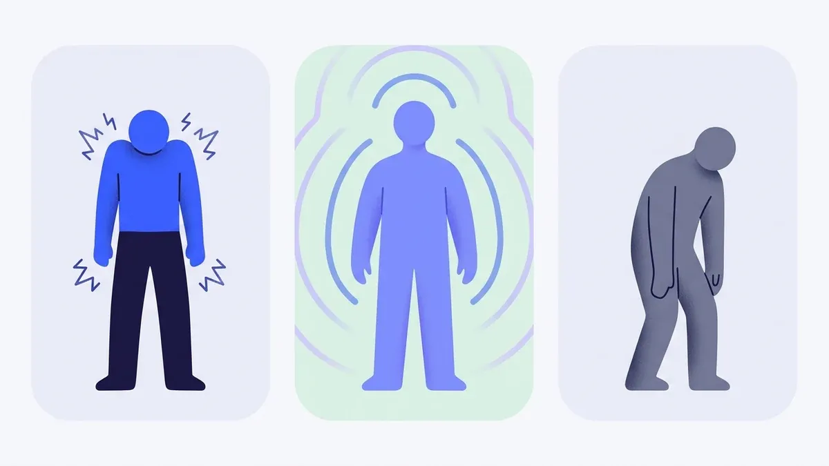 Three figures showing nervous-system states: a tense figure ringed by jagged lines (wired), a calm centred figure ringed by soft even waves (settled), and a slumped grey figure (frozen or flat).