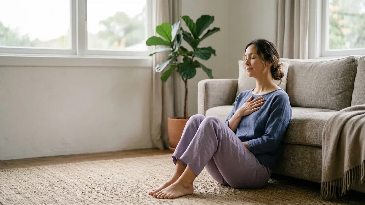 An East Asian woman sits on the floor against a sofa with her eyes closed and one hand resting on her chest, breathing a slow exhale and visibly settling, evoking a nervous system reset.