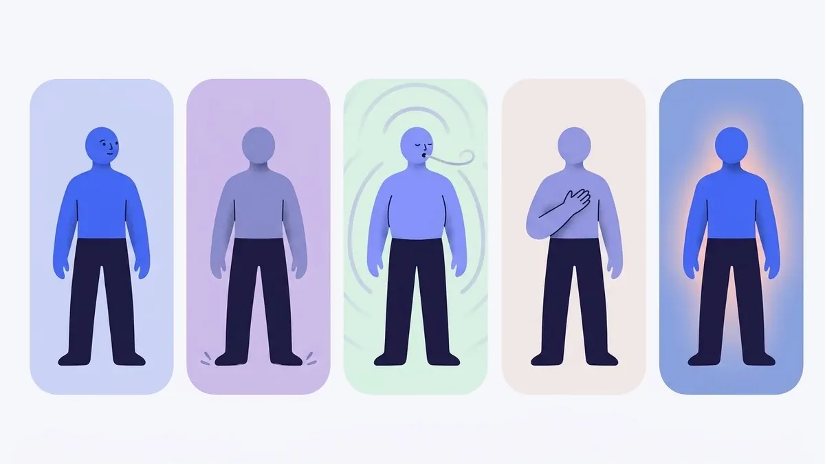 A simple five-step sequence shown as a calm horizontal row of small figures: eyes glancing around a room (orient), feet pressing into the floor (land), a long slow exhale (breathe), a hand resting on the chest (touch), and a softened, settled posture (notice).