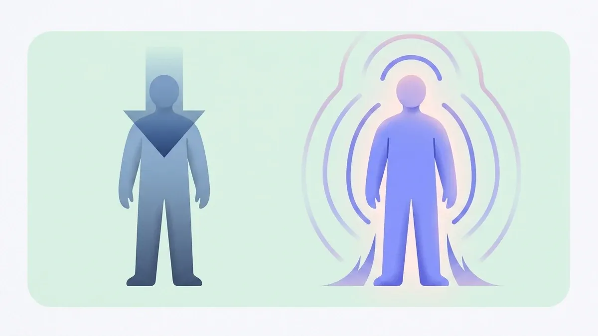 Two arrows side by side. On the left, a 'top-down' arrow pointing from a head down to a body is faded and crossed out. On the right, a bright 'bottom-up' arrow points from the body up to the head, showing that somatic work starts in the body and lets the mind follow.