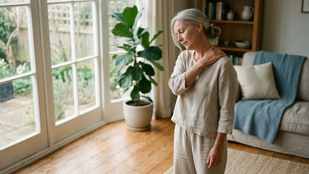 A woman in her late 40s with silver hair stands barefoot in a sunlit living room, eyes lowered, one hand resting on the opposite shoulder in a gentle neck-and-shoulder release, evoking a calm body-based somatic practice.