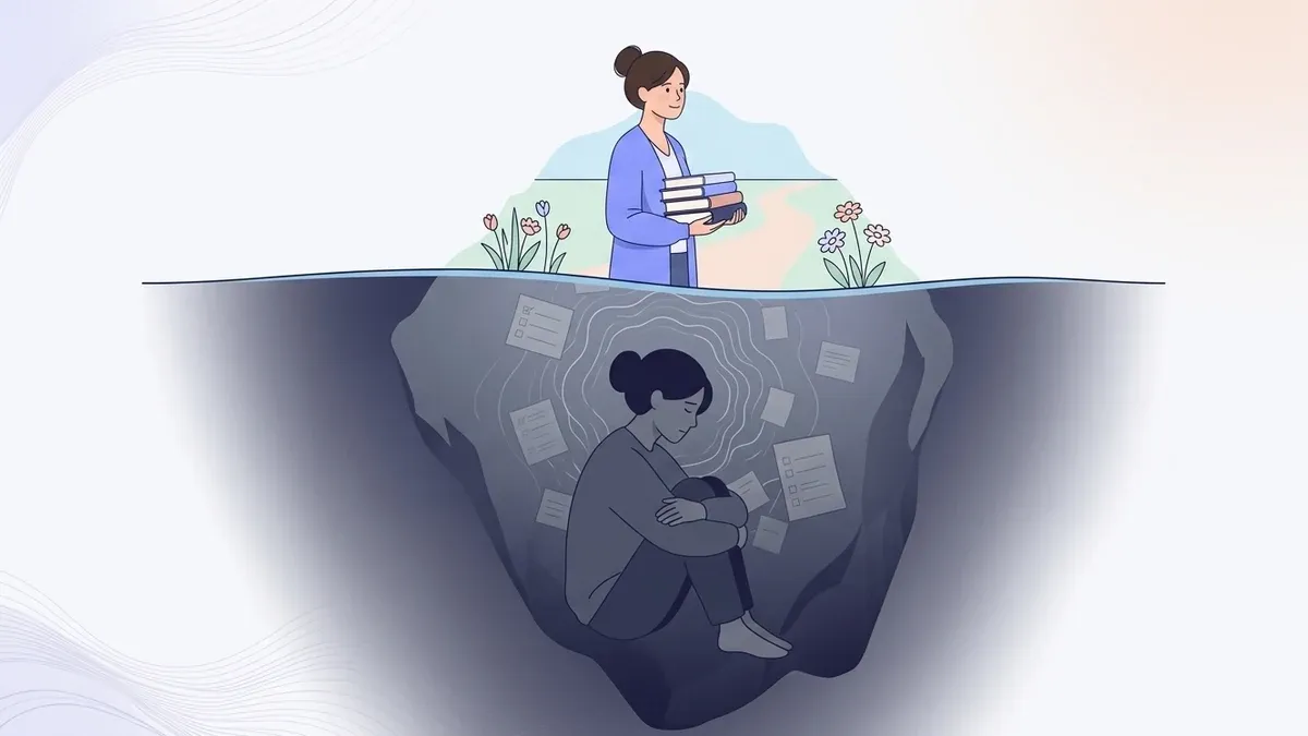 An iceberg diagram: above the waterline a capable woman walks a sunny path carrying a stack of work, while below the surface the same woman sits curled and frozen among unfinished tasks in muted grey, showing how functional freeze hides beneath high-functioning competence.