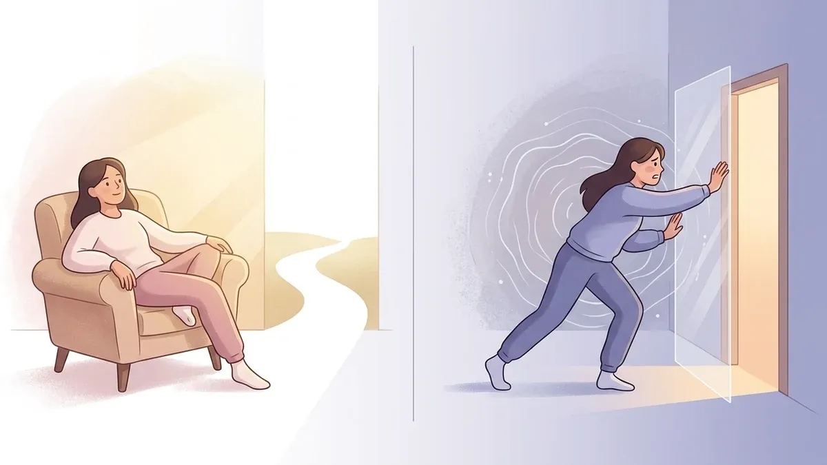 A two-panel diagram: on the left a relaxed figure reclines in an armchair beside an easy open path, choosing not to move; on the right a figure leans forward straining toward a lit doorway but is stopped by an invisible pane of glass, illustrating won't versus can't.