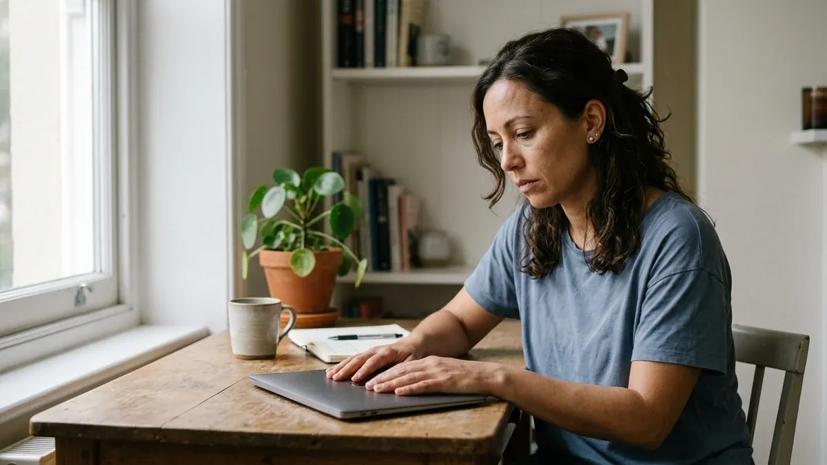 A woman sits at a desk with both hands resting on a closed laptop, looking down with a tired, switched-off expression in soft window light, evoking the can't-begin quality of functional freeze.